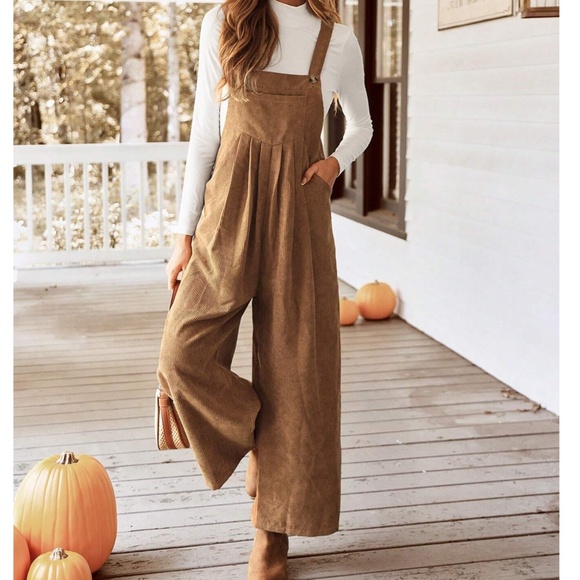 Solid Corduroy Pleated Detail Pockets Wide Leg Bib Overalls - Picture 5 of 5